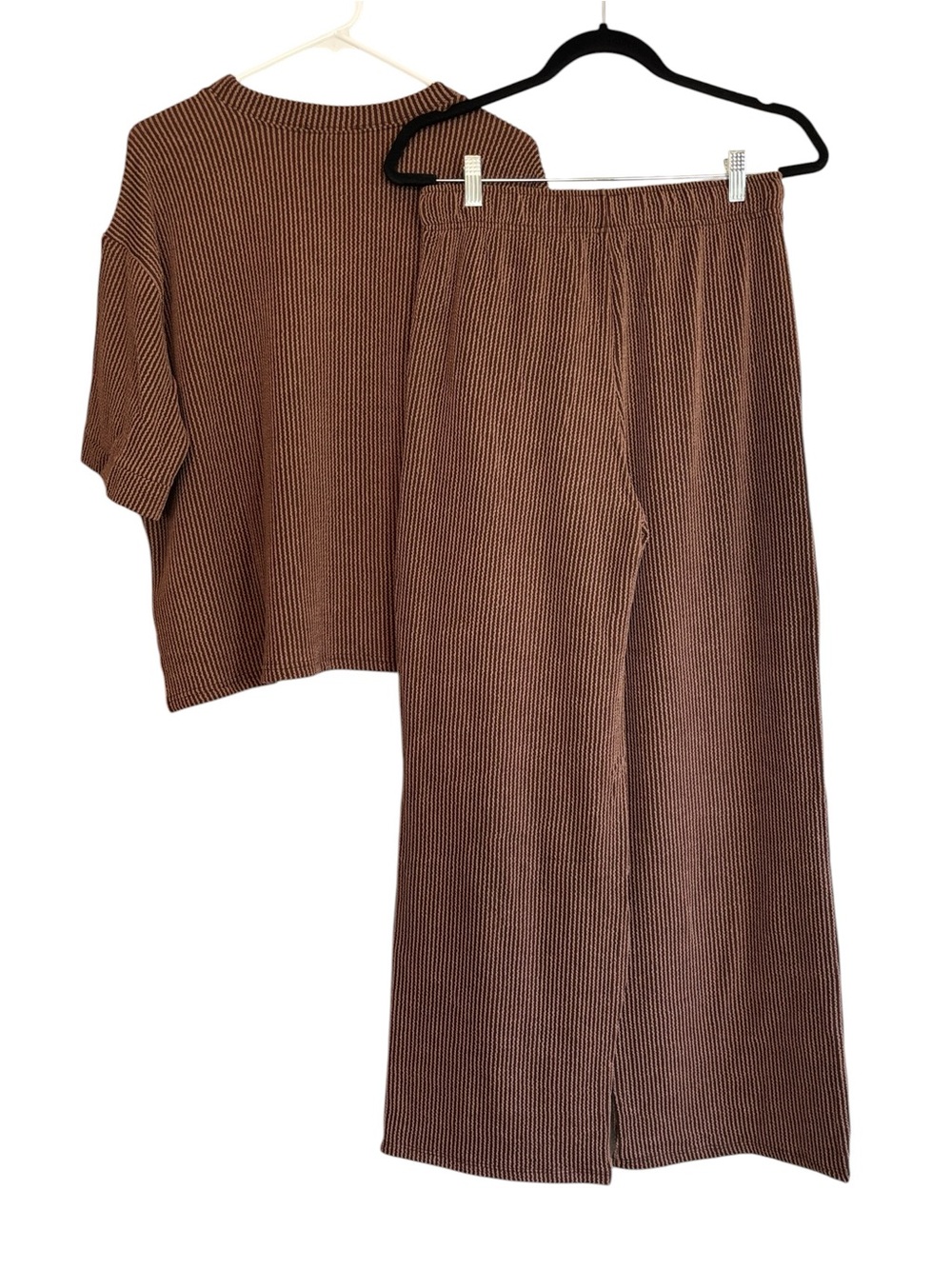Zenana Brown Ribbed Lounge Set 2 Piece Short Sleeve Wide Leg Pant Size Medium - Picture 2 of 10